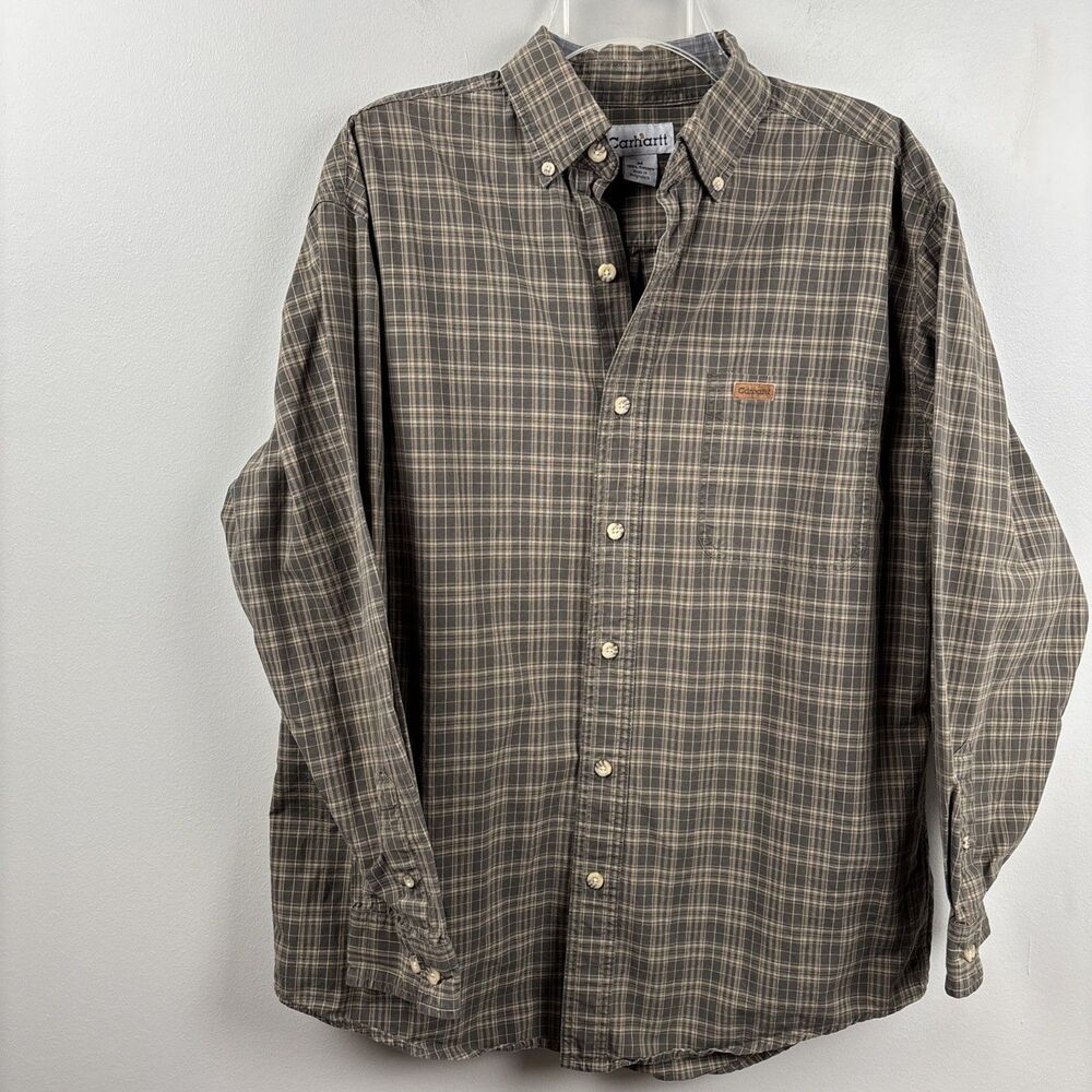 Carhartt Men Medium Olive Green Plaid Long Sleeve Button-Up w/ Leather Logo Tag - Picture 3 of 11
